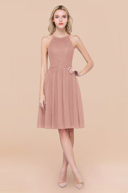 Lovely Floral Lace Halter Short Bridesmaid Dress