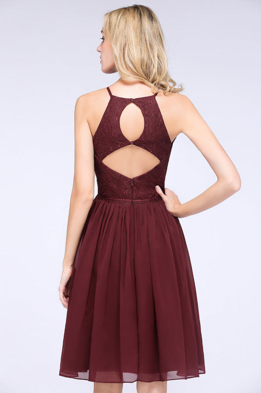 Lovely Floral Lace Halter Short Bridesmaid Dress