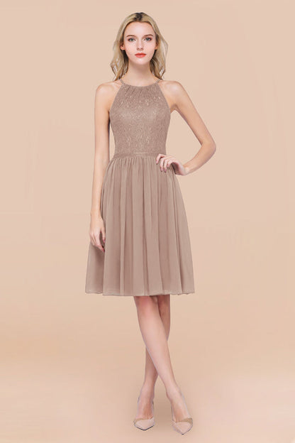 Lovely Floral Lace Halter Short Bridesmaid Dress