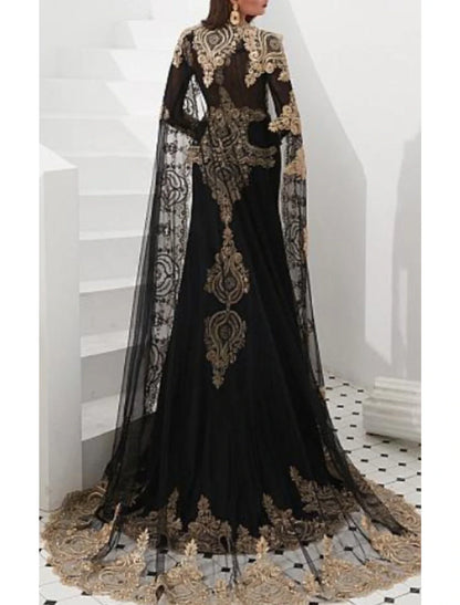 Aimishang Mermaid Black Dress Evening Gown Black Dress Vintage Halloween Engagement Court Train Long Sleeve High Neck Wednesday Addams Family Satin with Appliques