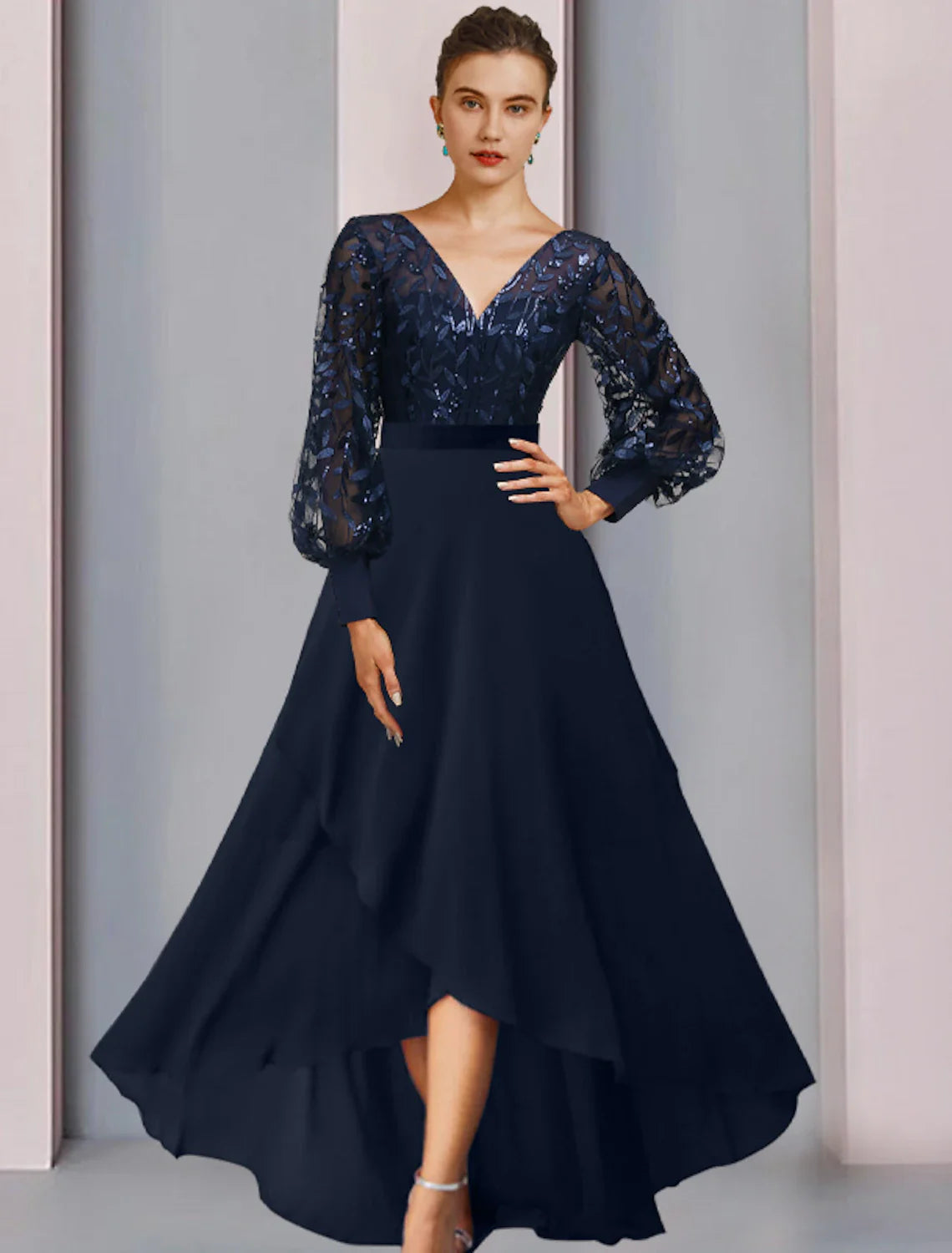 Aimishang  A-Line Mother of the Bride Dress Wedding Guest Sparkle & Shine High Low Jewel Neck Asymmetrical Tea Length Chiffon Lace Sequined Long Sleeve with Sequin Appliques Fall