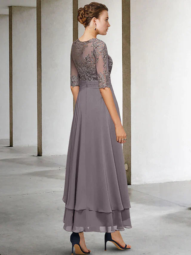 DingjiA-Line Mother of the Bride Dress Plus Size Elegant High Low Jewel Neck Asymmetrical Ankle Length Chiffon Lace Half Sleeve with Beading Ruffles Appliques