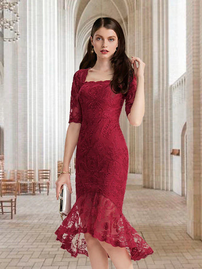 Mermaid / Trumpet Mother of the Bride Dress Vintage Elegant High Low Square Neck Asymmetrical Tea Length Lace Half Sleeve with Ruffles Appliques