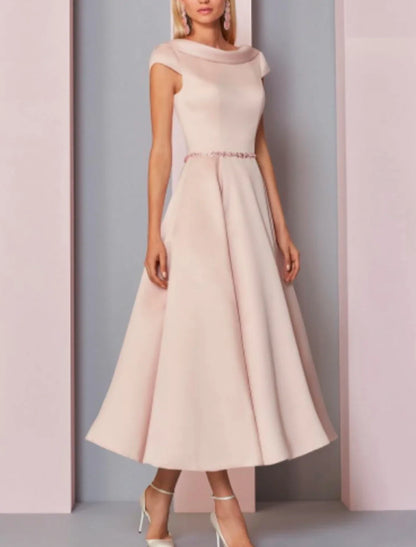 A-Line Mother of the Bride Dress Wedding Guest Plus Size Cowl Neck Ankle Length Satin Short Sleeve with Crystals