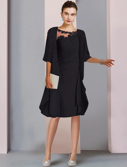Aimishang  Two Piece A-Line Mother of the Bride Dress Wedding Guest Elegant Scoop Neck Knee Length Chiffon Lace Half Sleeve Wrap Included Jacket Dresses with Ruched Appliques