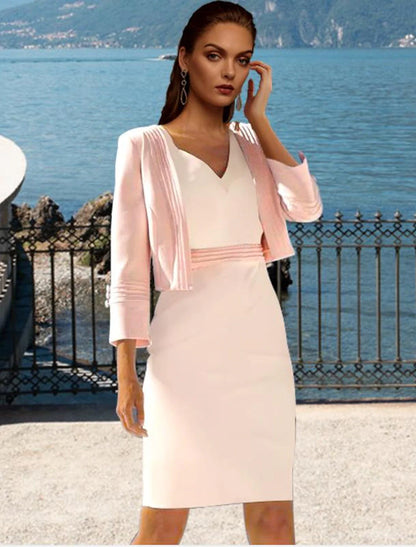 Aimishang Two Piece Sheath / Column Mother of the Bride Dress Elegant V Neck Knee Length Stretch Chiffon Short Sleeve Short Jacket Dresses with Pleats Color Block