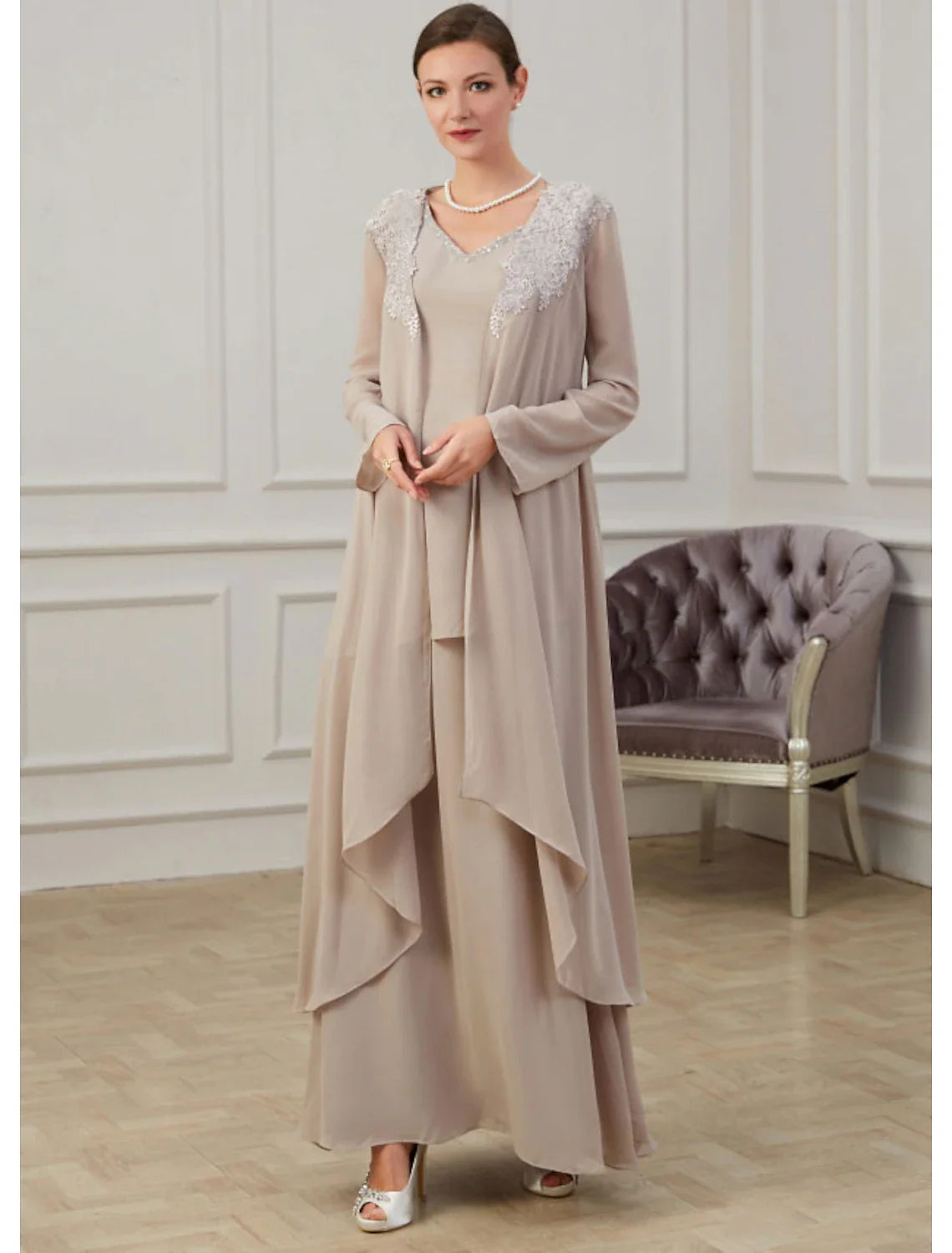Aimishang  A-Line Mother of the Bride Dress Wedding Guest Elegant Jewel Neck Floor Length Chiffon Long Sleeve Jacket Dresses with Appliques Fall