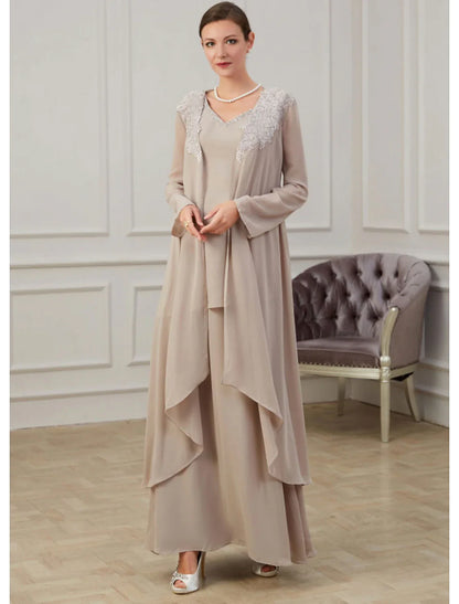 Aimishang  A-Line Mother of the Bride Dress Wedding Guest Elegant Jewel Neck Floor Length Chiffon Long Sleeve Jacket Dresses with Appliques Fall