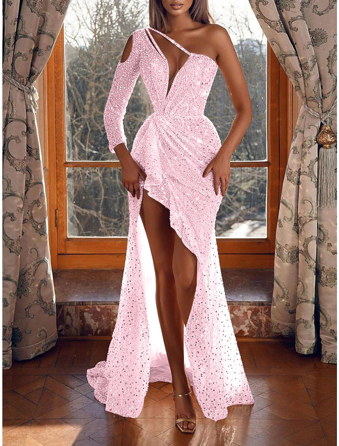 Aimishang Mermaid / Trumpet Prom Dresses Sparkle & Shine Dress Wedding Guest Formal Evening Sweep / Brush Train Long Sleeve One Shoulder Sequined with Sequin