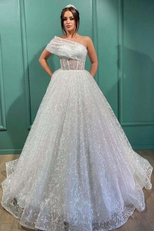 Luxurious A-Line Lace Wedding Dress with One Shoulder