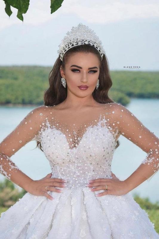 Luxury Long Ball Gown Sweetheart Wedding Dress with Sleeves and Beads