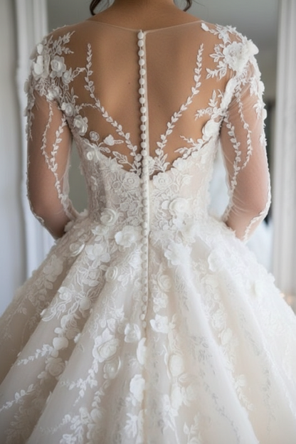 Luxury Long Sleeve Lace Wedding Dress | V-Neck Bridal Gown with Chapel Train