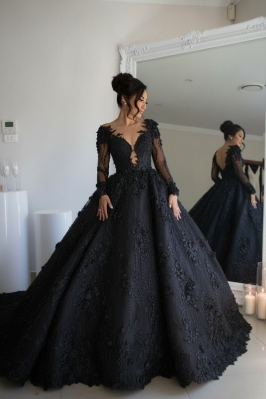 Luxury Long Sleeve Lace Wedding Dress | V-Neck Bridal Gown with Chapel Train