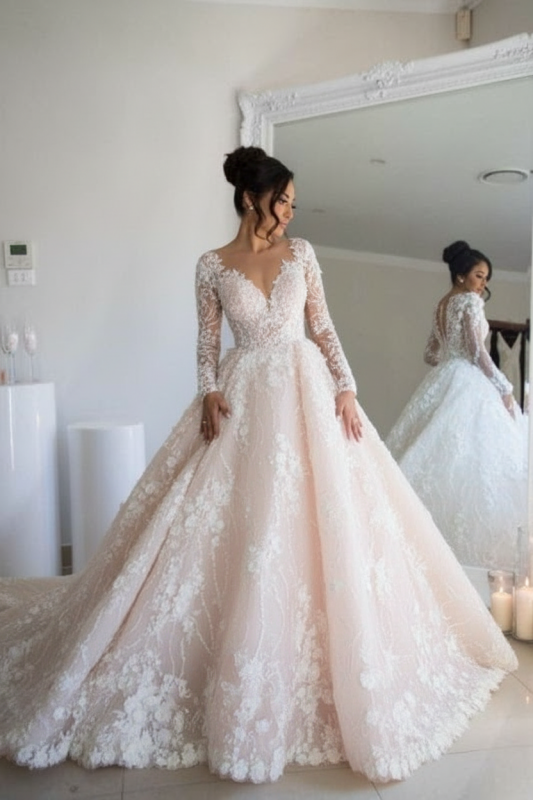 Luxury Long Sleeve Lace Wedding Dress | V-Neck Bridal Gown with Chapel Train
