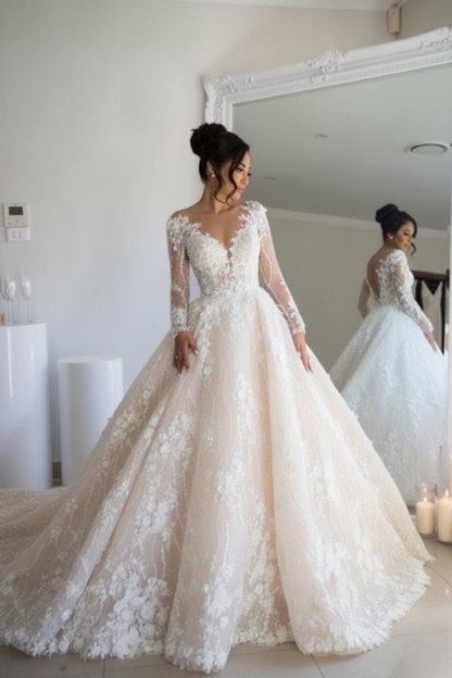 Luxury Long Sleeve Lace Wedding Dress | V-Neck Bridal Gown with Chapel Train