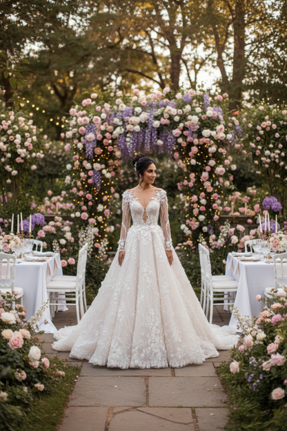 Luxury Long Sleeve Lace Wedding Dress | V-Neck Bridal Gown with Chapel Train
