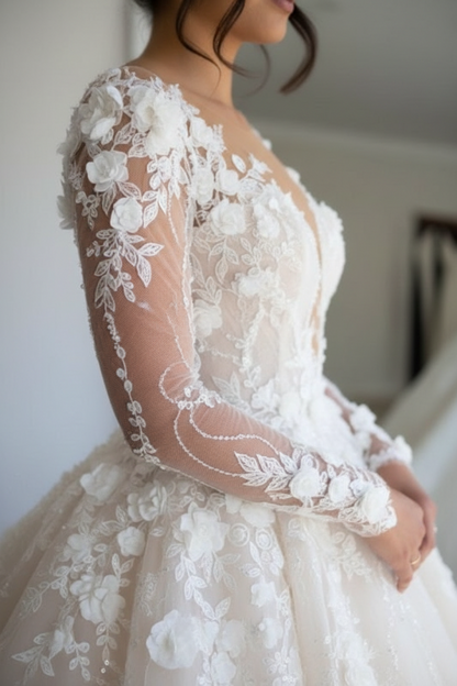 Luxury Long Sleeve Lace Wedding Dress | V-Neck Bridal Gown with Chapel Train
