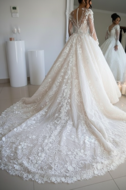 Luxury Long Sleeve Lace Wedding Dress | V-Neck Bridal Gown with Chapel Train