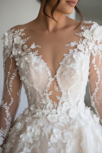Luxury Long Sleeve Lace Wedding Dress | V-Neck Bridal Gown with Chapel Train