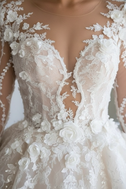 Luxury Long Sleeve Lace Wedding Dress | V-Neck Bridal Gown with Chapel Train