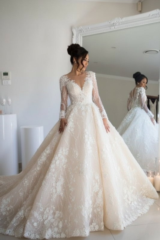 Luxury Long Sleeve Lace Wedding Dress | V-Neck Bridal Gown with Chapel Train