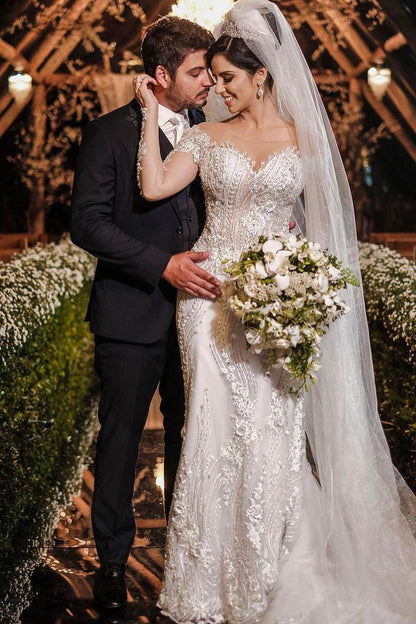 Luxury Long Sleeves Mermaid Off the shoulder Wedding Dress with Appliques Lace