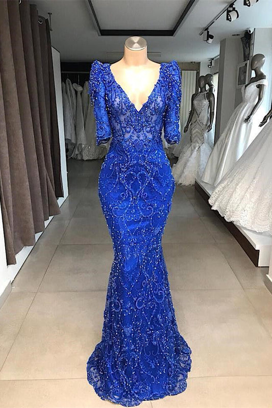 Luxury Royal Blue Half-Sleeve V-Neck Sheath Beadings Prom Dress