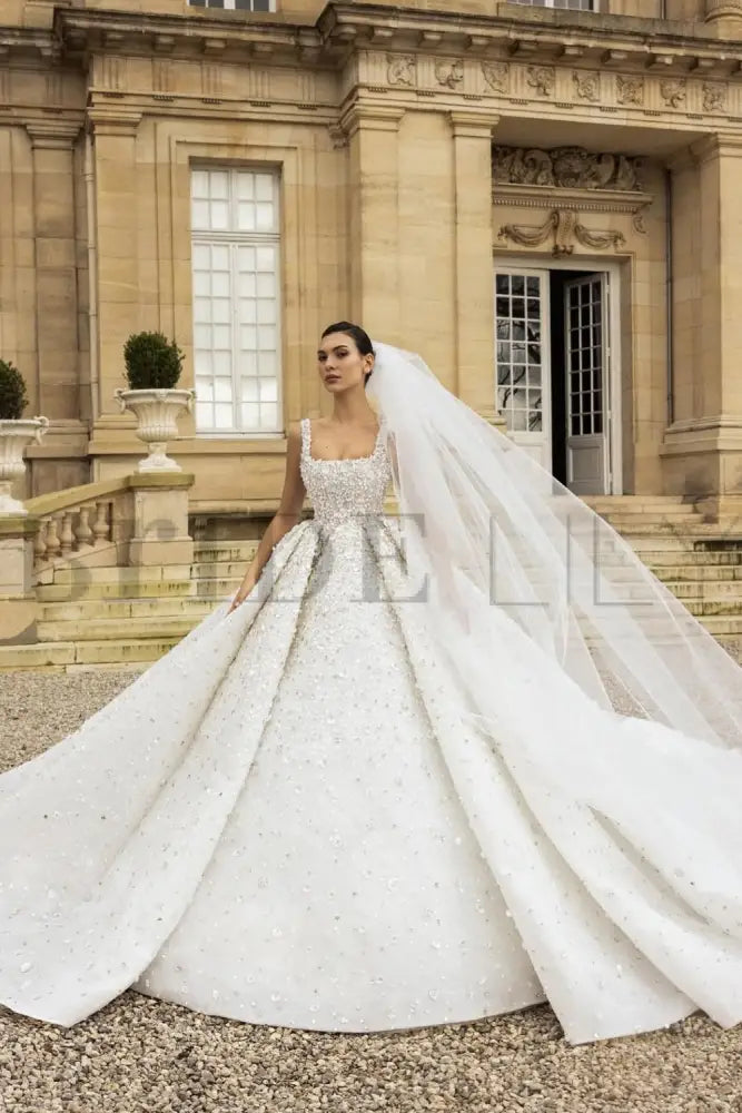 Luxury Square Neck Sequins Ball Gown Wedding Dress | Sleeveless Bridal Gown with Cathedral Train