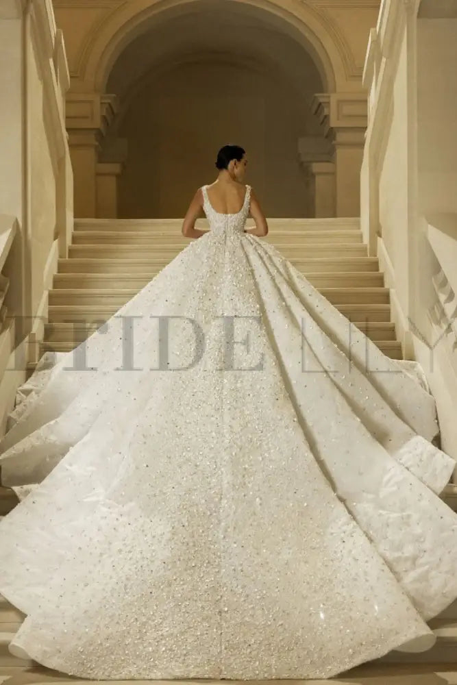 Luxury Square Neck Sequins Ball Gown Wedding Dress | Sleeveless Bridal Gown with Cathedral Train