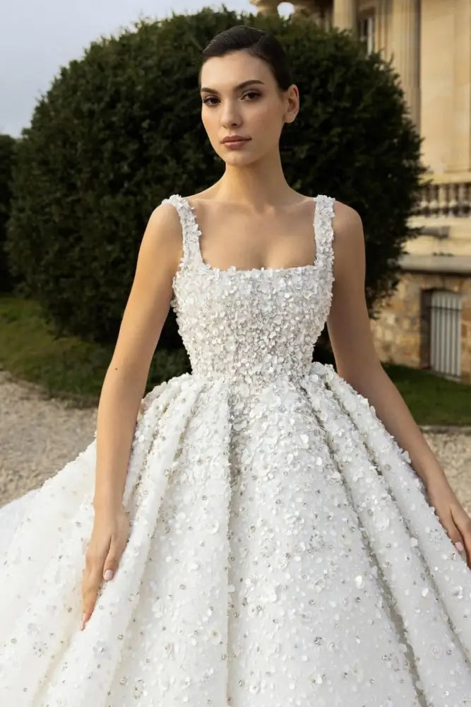Luxury Square Neck Sequins Ball Gown Wedding Dress | Sleeveless Bridal Gown with Cathedral Train