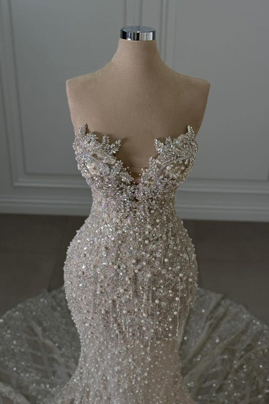 Luxury Sweetheart Glitter Beaded Mermaid Wedding Gown with Train