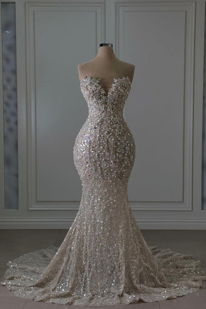 Luxury Sweetheart Glitter Beaded Mermaid Wedding Gown with Train
