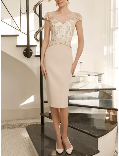 Two Piece Sheath / Column Mother of the Bride Dress Wedding Guest Elegant Jewel Neck Knee Length  Fabric Half Sleeve with Lace Beading Sequin