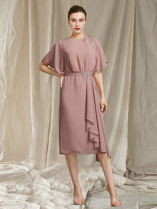 DingjiA-Line Mother of the Bride Dress Elegant Jewel Neck Knee Length Chiffon Short Sleeve with Sash / Ribbon Beading Appliques