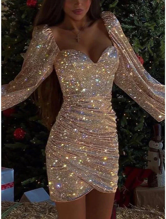 Sheath / Column Homecoming Dresses Sparkle & Shine Dress Birthday Short / Mini Long Sleeve Square Neck Sequined with Ruched