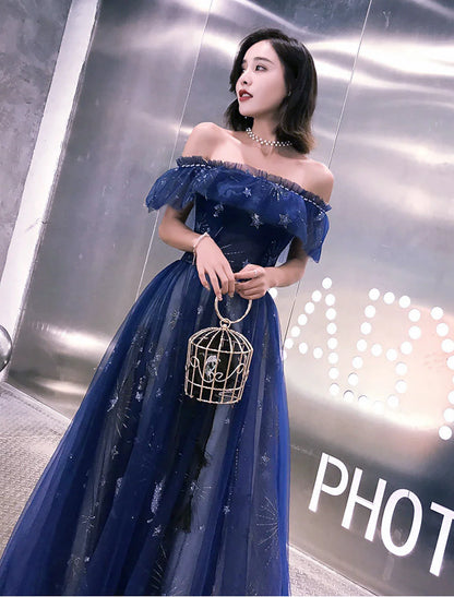 Aimishang A-Line Fairy Prom Dress Sparkle Party Dress Off Shoulder Short Sleeve Floor Length Tulle with Sequins Embroidery Bridesmaid Formal Evening