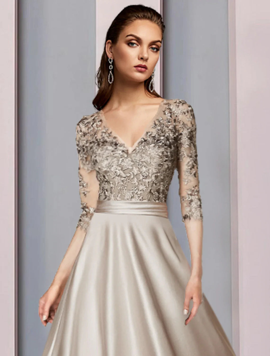 Aimishang  A-Line Mother of the Bride Dress Wedding Guest Elegant V Neck Tea Length Satin Lace Half Sleeve with Pleats Appliques