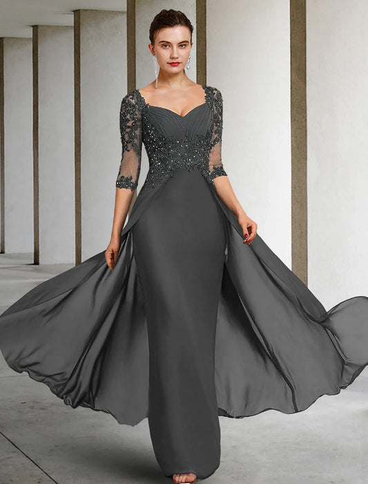 Aimishang Sheath / Column Mother of the Bride Dress Formal Wedding Guest Party Elegant Square Neck Floor Length Chiffon Lace 3/4 Length Sleeve with Sequin Appliques Ruching