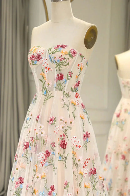 Ivory Floral Tulle Sweetheart Strapless Long Formal Dress, Tulle A-line Prom Dress HZ1024