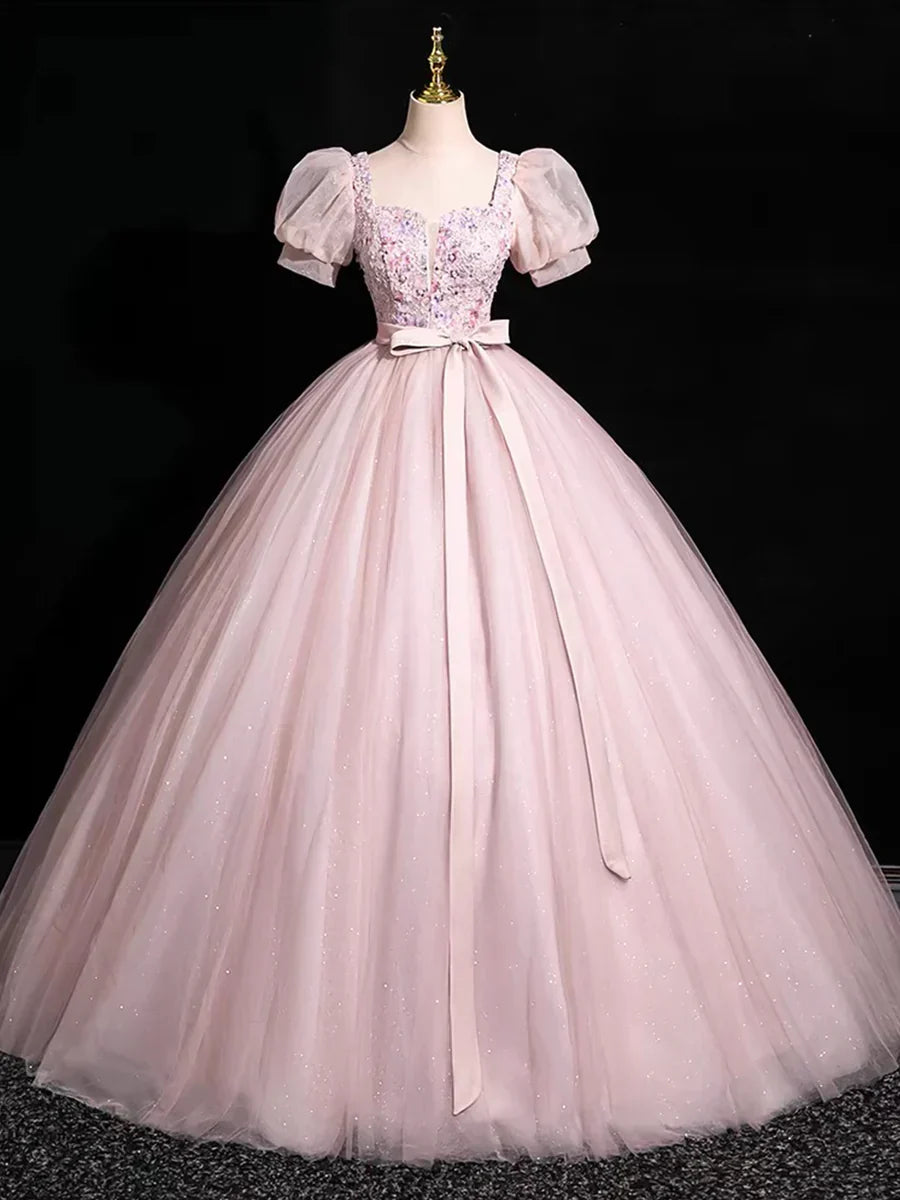 Beautiful Floral Tulle Floor Length Prom Dress, Pink A-Line Short Sleeve Evening Dress HZ1024