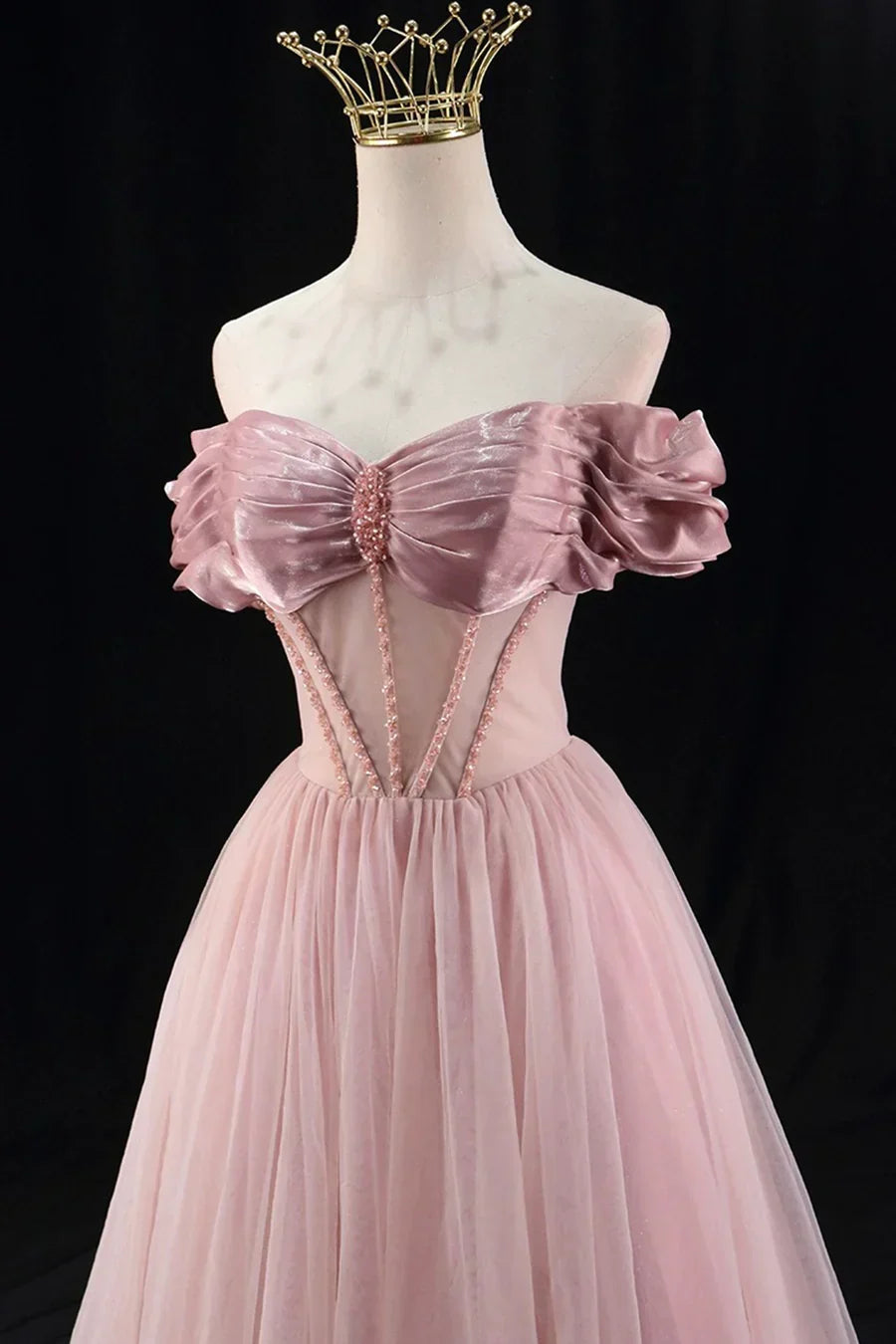 A-Line Tulle Beaded Floor Length Prom Dress, Lovely Off the Shoulder Evening Party Dress HZ1024