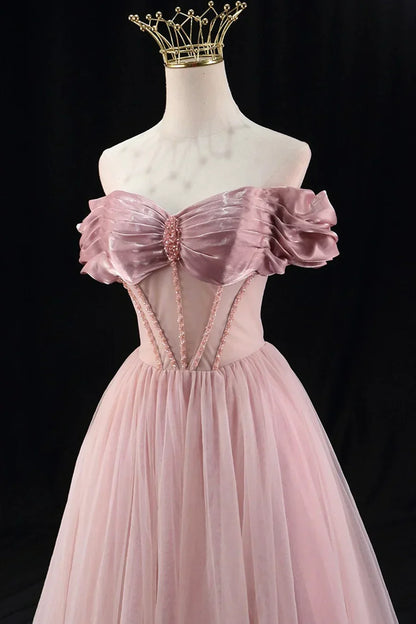 A-Line Tulle Beaded Floor Length Prom Dress, Lovely Off the Shoulder Evening Party Dress HZ1024