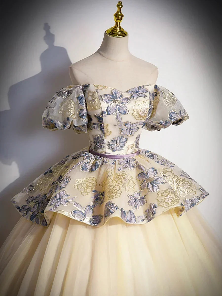 Champagne Floral Tulle Long Formal Dress, Off the Shoulder A-Line Evening Party Gown HZ1024