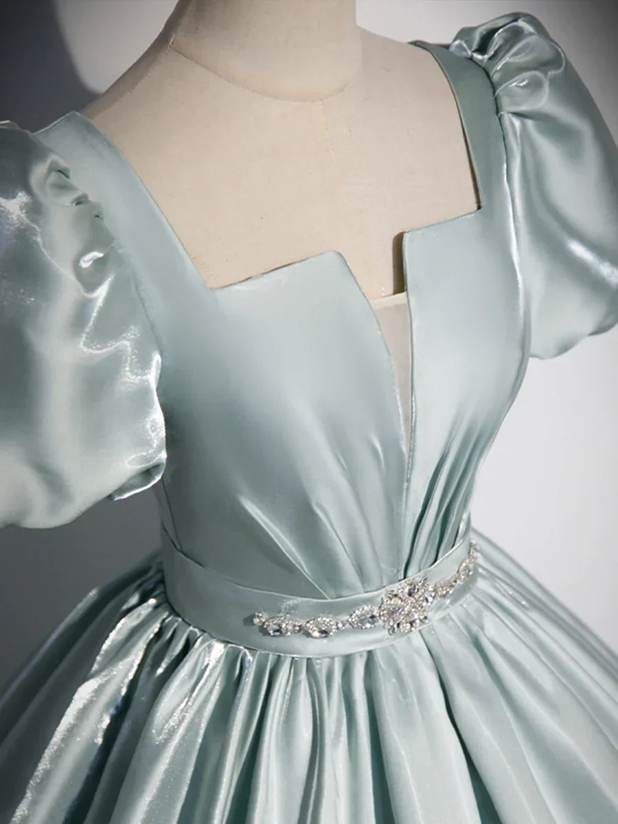 Beautiful Satin Floor Length Prom Dress, A-Line Short Sleeve Evening Party Dress HZ1024