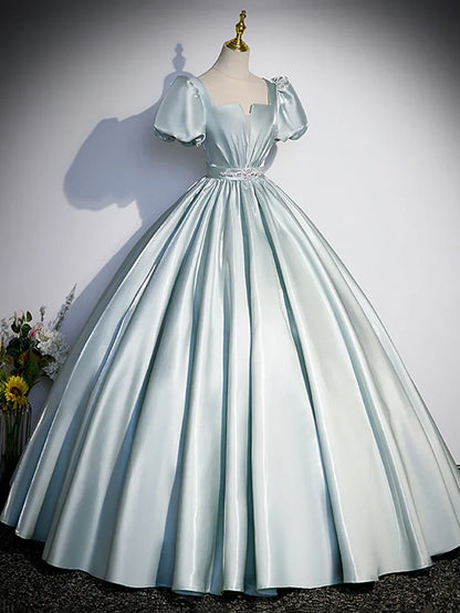 Beautiful Satin Floor Length Prom Dress, A-Line Short Sleeve Evening Party Dress HZ1024