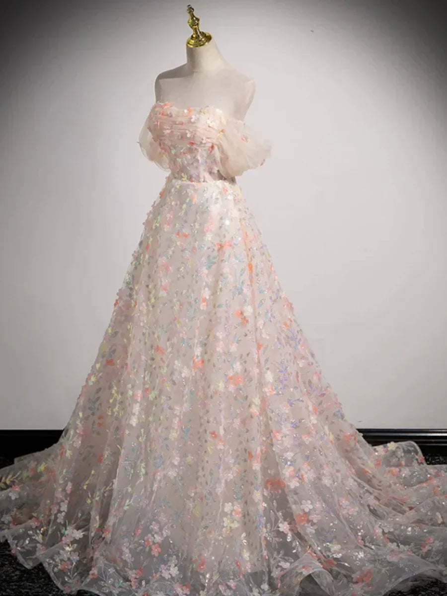 Lovely Three-dimensional Floral Floor Length Prom Dress, Off the Shoulder Evening Party Dress HZ1024