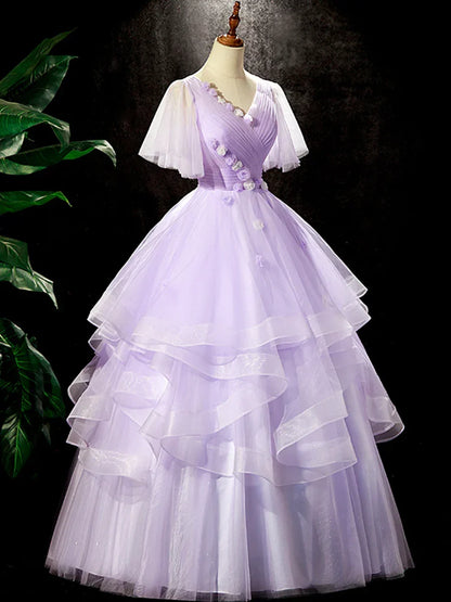 Fairy Purple Floral Floor Length Prom Dress, Beautiful V-Neck Party Birthday Dress HZ1024