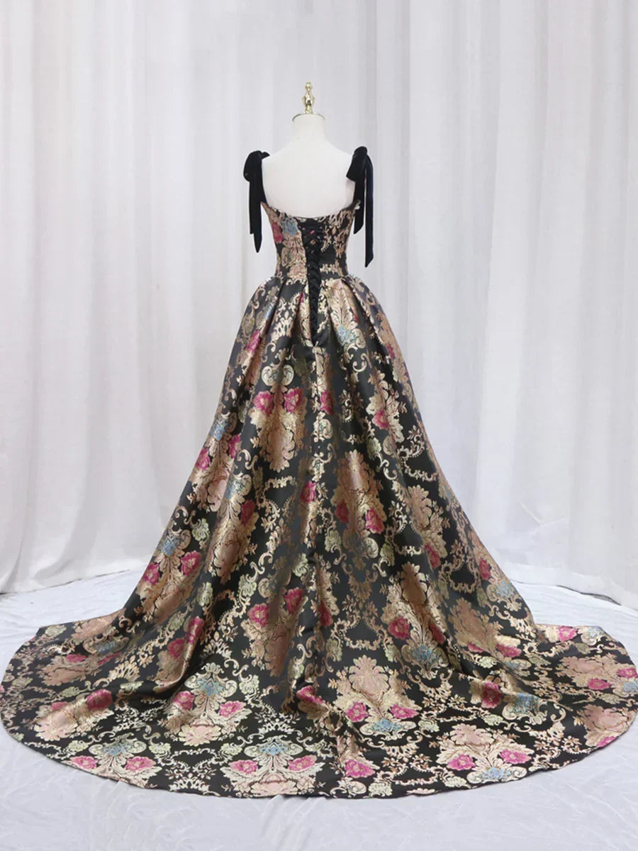 Black Floral Floor Length Prom Dress, A-Line Black Evening Dress HZ1024