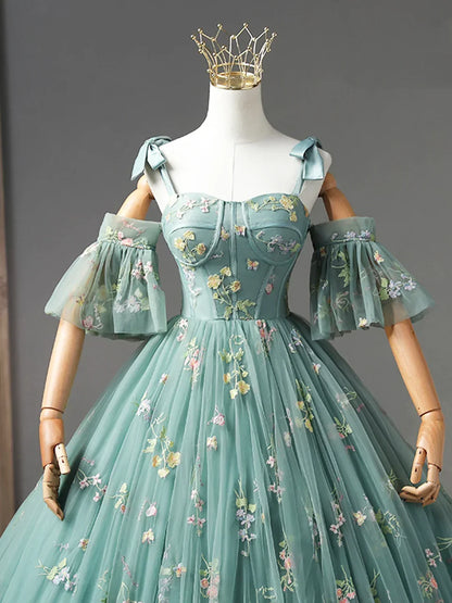 Green Floral Tulle Long Prom Dress, Cute Off Shoulder Evening Party Dress HZ1024