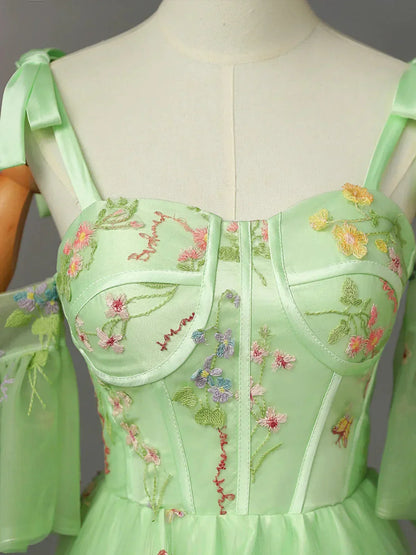 Light Green Tulle Floral Straps Long Formal Dress, Light Green Prom Dress HZ1024